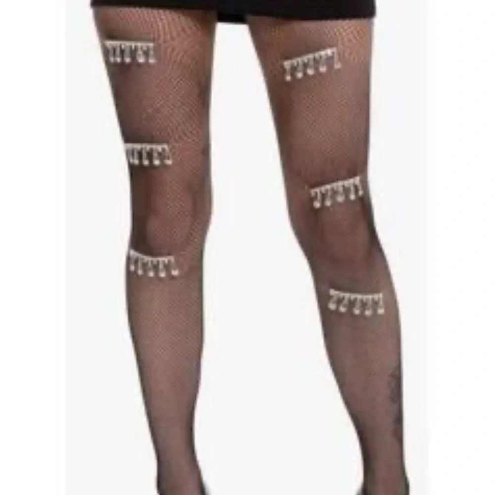 Women Black Rhinestone Sexy Sheer Fishnet Pantyhose Gothic Mesh Tights One Size